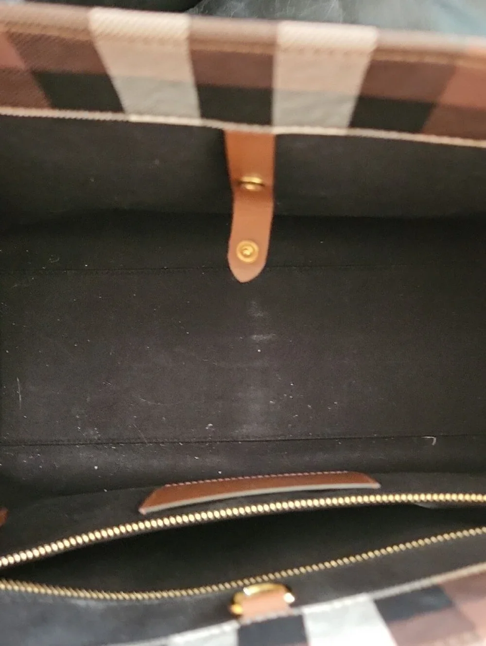 Burberry Brown Plaid Tote with Black Handles and Gold Hardware